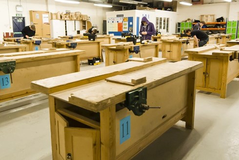 Construction teaching workshop featuring several work benches at Malvern Campus