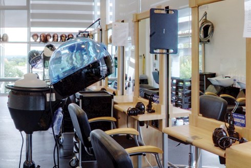 An interior photo of the empty Fusion Hair Salon at Heart of Worcestershire College