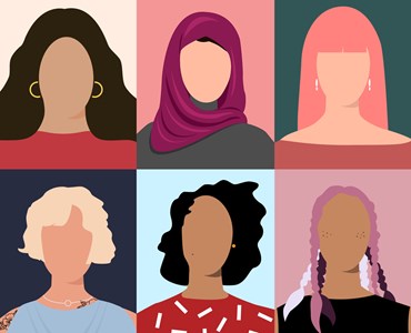 Poster containing 9 graphics representing 9 different types of female portraits with no facial features. Poster contains college logo and #FearlessFemales