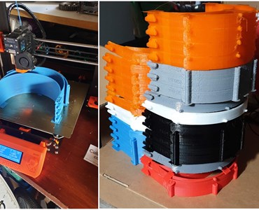 Image collage of 3D printer and orange, grey, blue, red, white and black PPE Visor headbands