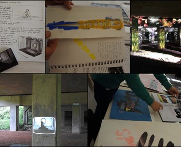 Photo collage of various sketches, art books and outdoor exhibits 