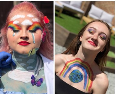 Collage of 4 females portrait photos with various rainbow makeup and 3D butterflies