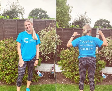 Collage of blonde female wearing blue cancer research UK t-shirt.