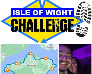 Collage of 3 images. Top image is a logo in the shape of the diamond with the writing 'Isle of Wight Challenge' and a footprint next to it. Bottom left image is a map of the isle of Wight. Bottom right image is a picture of a male and female smiling together.