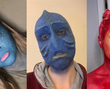 Collage of three Theatrical and media makeup students wearing blue and red make-up to create a fantasy character look