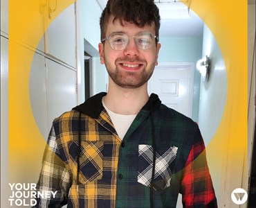 Picture of Matthew wearing glasses smiling with a yellow border around that says your journey told