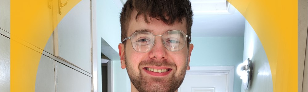 Picture of Matthew wearing glasses smiling with a yellow border around that says your journey told