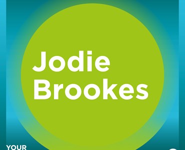Blue graphic that says Jodie Brookes in bold white letters