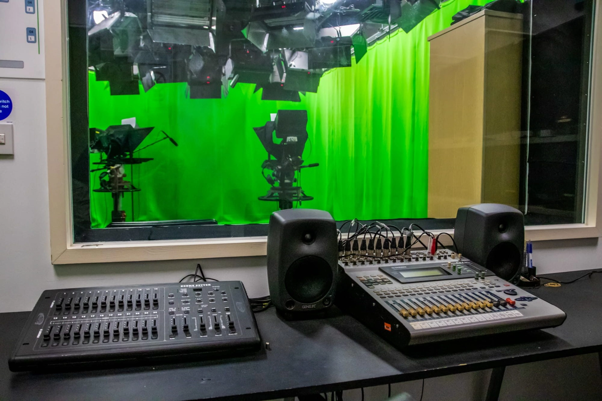 Sound and lighting equipment in a green screen room