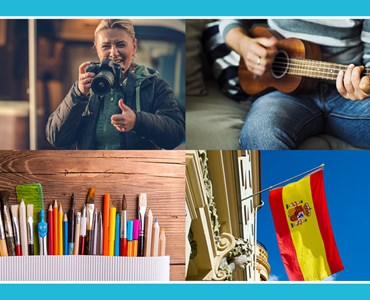 Web Banner to promote leisure and hobby courses. Images include: Christmas paper and felt crafts, a man holding a camera, a person playing a ukulele, birds eye view of a person writing, a mannequin, a pencil case full of art supplies, Spanish flag, and a collage of photographs  