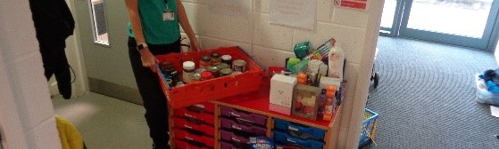 Female standing next to shelves and boxes full of food donations