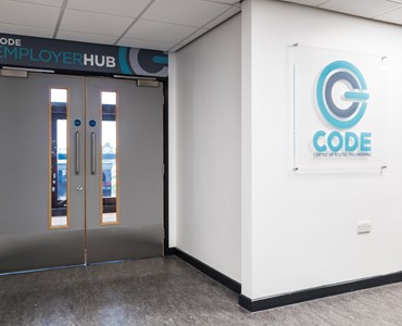 College entrance and logo for the CODE facilities (Centre of Digital Engineering)