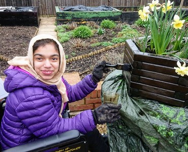 Female student wearing a hijab, smiling and sat in her wheelchair whilst painting a wooden planter holding daffodils.