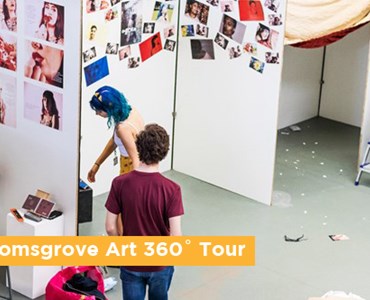 2 art students stood near white wall dividers with art hung on; text over the top reading: Bromsgrove Art 360 degree tour.