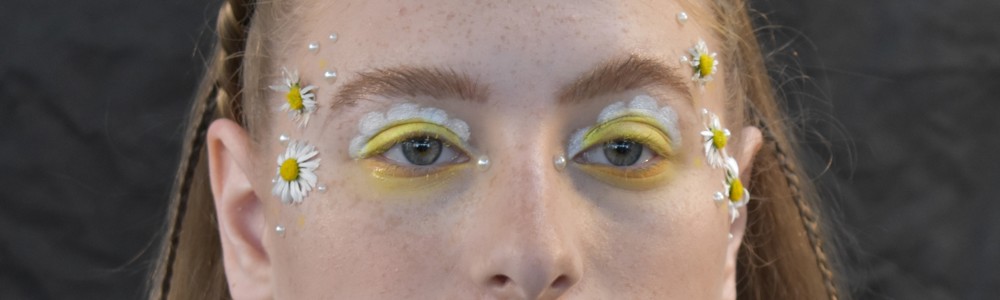 Close up facial picture of female with yellow and white flowery eye makeup, daisies attached to her temples and with small braid across the top of her head.