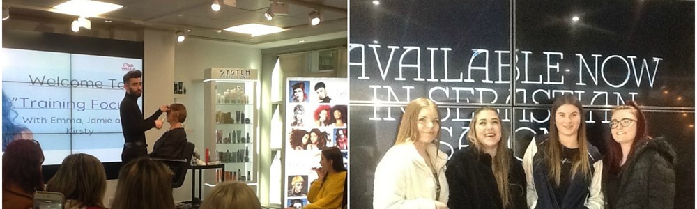 4 picture collage of the Wella logo, a male hairdresser demonstrating on a mannequin, two females smiling in front of a white backdrop with the Wella logo on, and 4 females smiling.