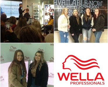 4 picture collage of the Wella logo, a male hairdresser demonstrating on a mannequin, two females smiling in front of a white backdrop with the Wella logo on, and 4 females smiling.