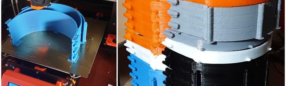 Image collage of 3D printer and orange, grey, blue, red, white and black PPE Visor headbands