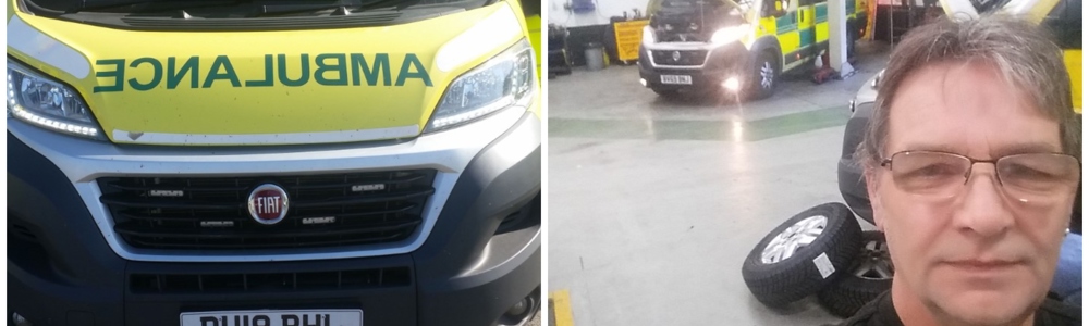 Image collage of ambulances and a male mechanic 