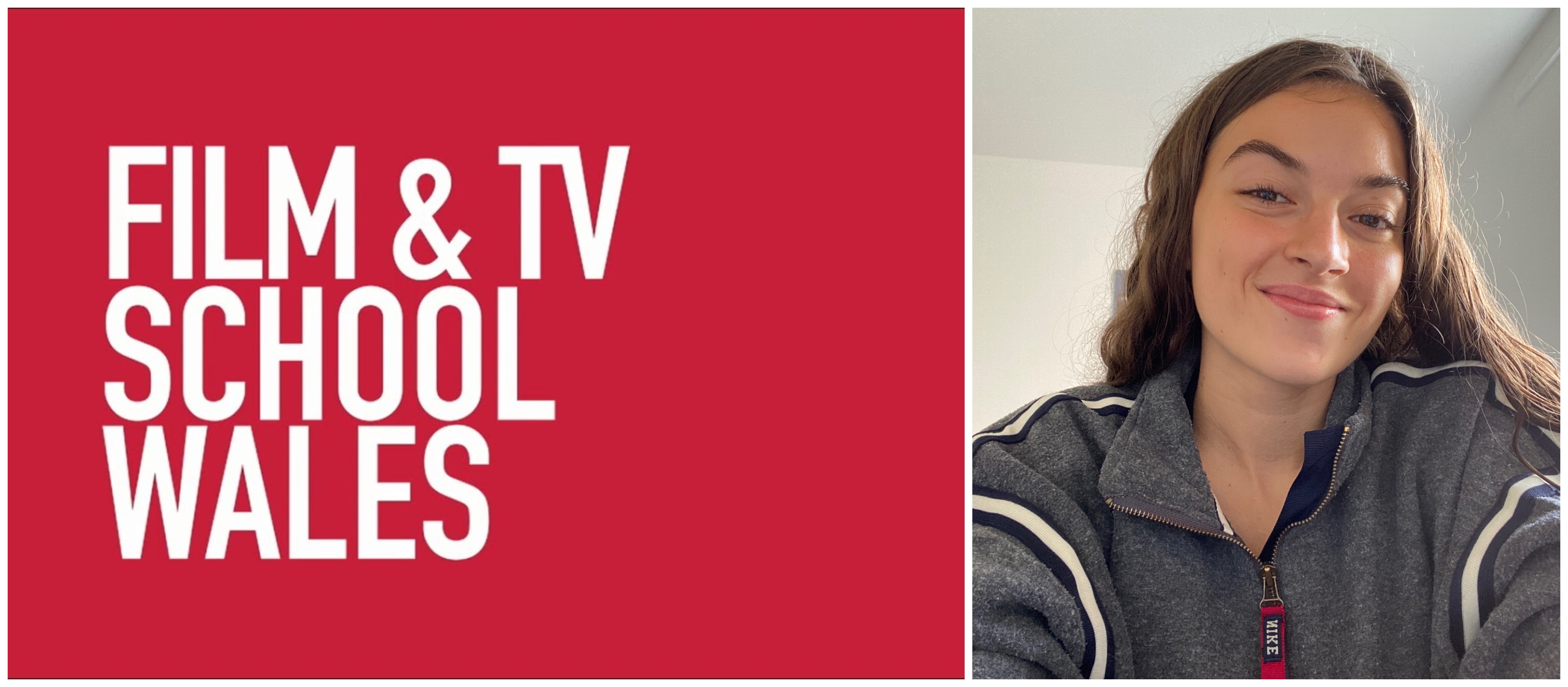 Collage of red logo that reads 'Film & TV School Wales' in white letters, and an image of a female student smiling with long brown hair.