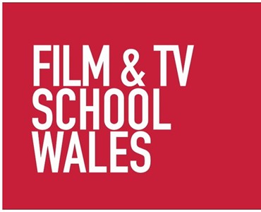 Collage of red logo that reads 'Film & TV School Wales' in white letters, and an image of a female student smiling with long brown hair.