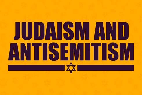 Yellow website banner that reads 'Judaism and antisemitism' with the star of David underneath.