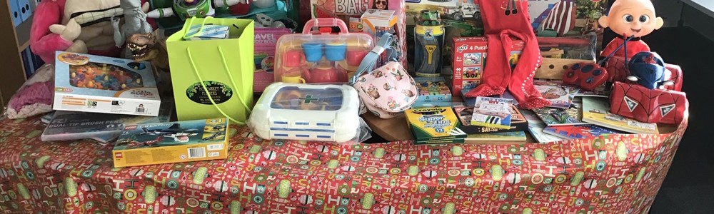 Table covered in children's toys.