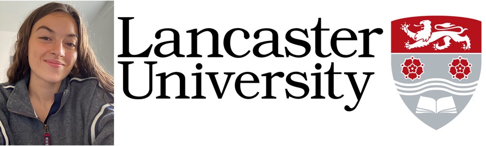 Collage of brunette smiling student alongside the University of Lancaster logo.