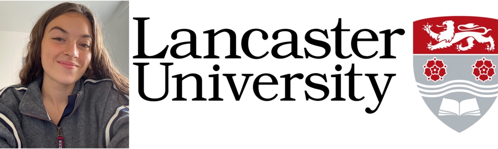 Collage of brunette smiling student alongside the University of Lancaster logo.