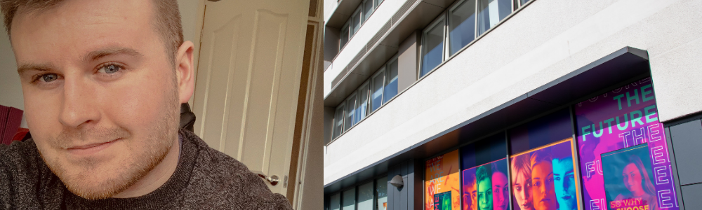 Collage of the exterior photo of one of the HoW College buildings that features their 'The Future campaign' , and an image of a male student smiling.