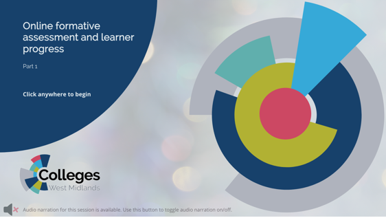 Online formative assessment and learner progress part 1. Click anywhere to begin. This graphic also includes the Colleges West Midlands logo.