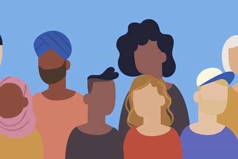 Cartoon graphic of people from a diverse range of cultures without faces.