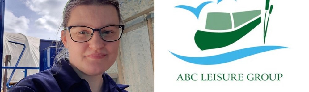 Portrait of female student wearing navy blue uniform for ABC Leisure Group. ABC Leisure group with graphic of canal boat next to portrait.