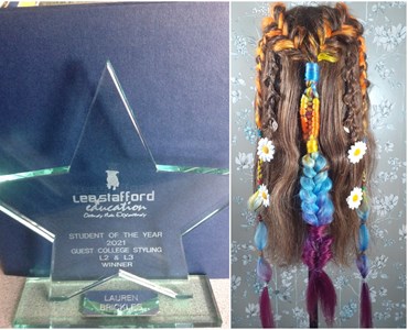 Collage consisting of 3 images; 1 of a blond mannequin head with a plaited hairstyle, 1 of a brunette mannequin head with a colourful and hairstyle with flowers, and 1 of a star shaped glass trophy that reads 