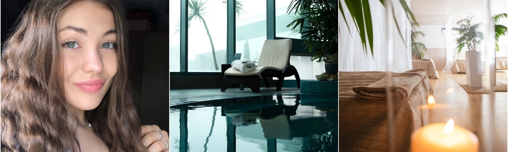 Collage of 3 images; one of smiling female student, two of the Malvern Spa including an image of a treatment room with candles and one of a white lounger next to an indoor pool.