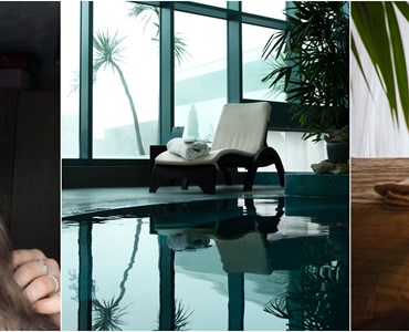 Collage of 3 images; one of smiling female student, two of the Malvern Spa including an image of a treatment room with candles and one of a white lounger next to an indoor pool.