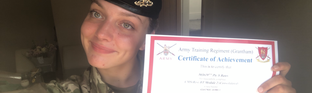 Image of a smiling, female student in Army uniform holding a certificate.