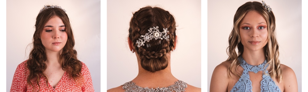 9 photo collage showing different bridal-themed hair and makeup looks