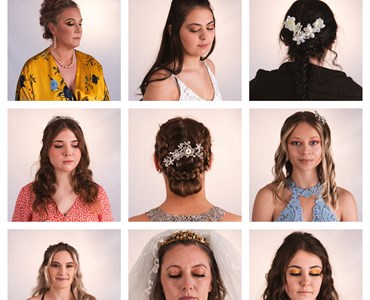9 photo collage showing different bridal-themed hair and makeup looks