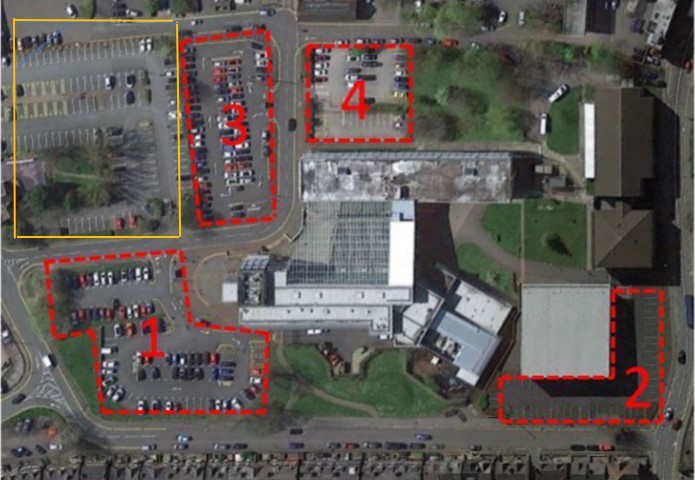 birds eye view of college car parks in Redditch