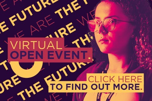 Female student looks into the distance with a red overlay, text reads virtual open event, click here to find out more