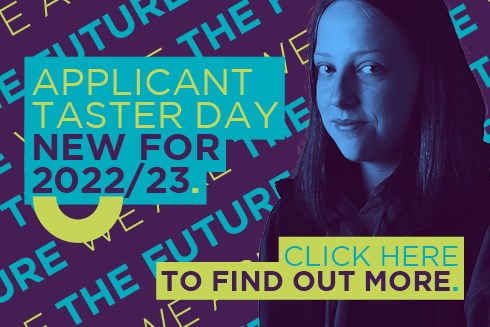female student stares at camera, blue overlay, text reads applicant taster day new for 2022/23, click here to find out more