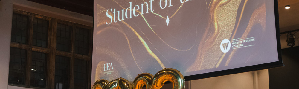 Student of the year award slide with balloons at the 2023 FE Award ceremony