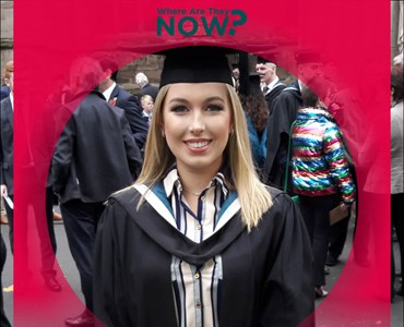 Photograph of Lauren Richards smiling wearing graduation cap and gown with red border around that says where are they now?