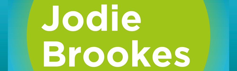 Blue graphic that says Jodie Brookes in bold white letters