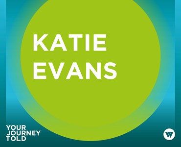 Blue where are they now graphic that says 'Katie Evans in white bold letters