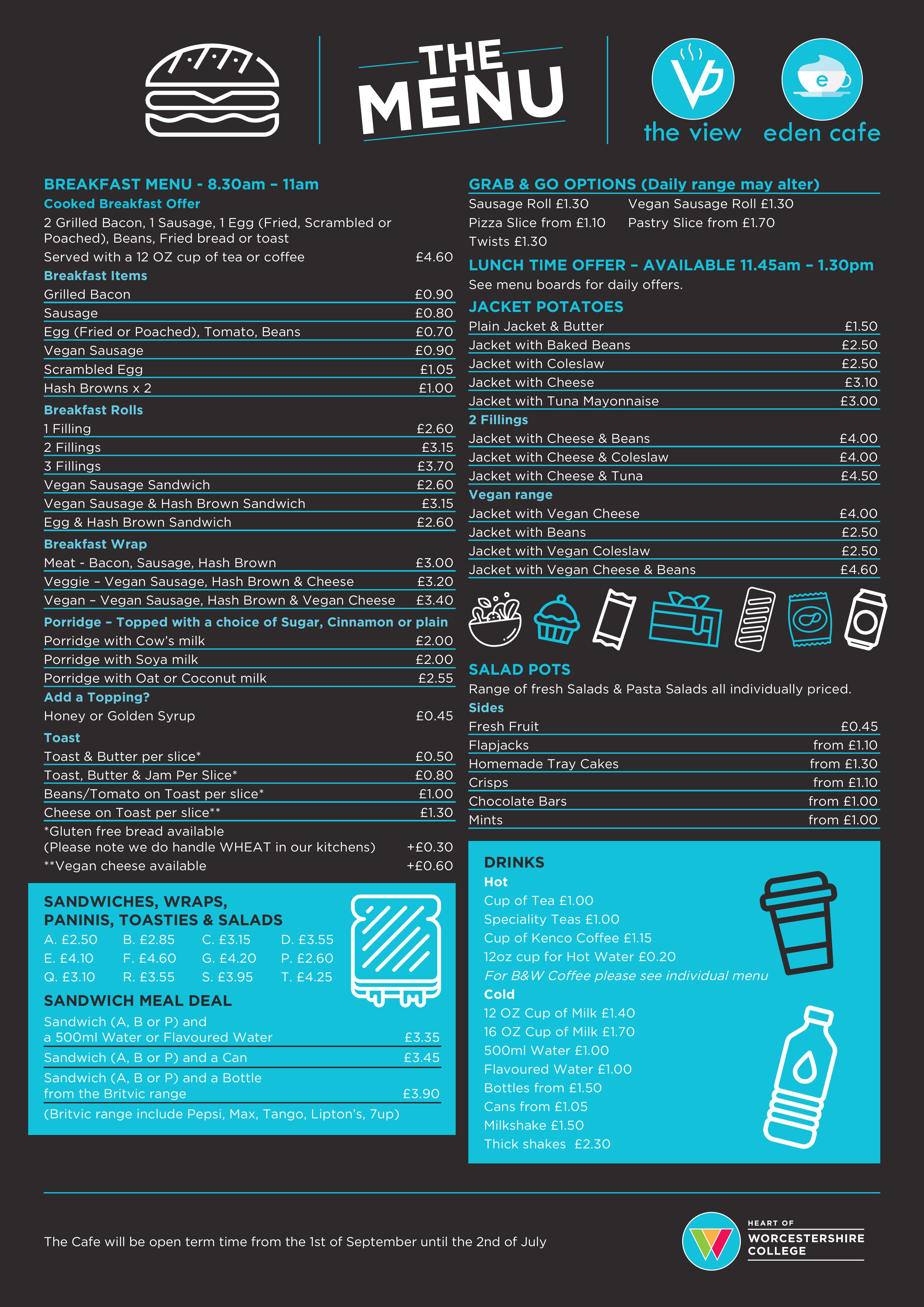 Poster of the menu at HoW College cafe.